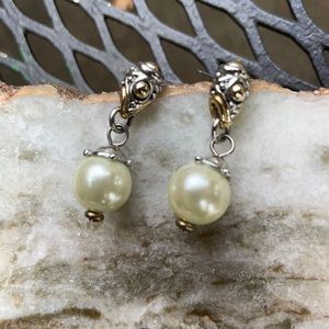 Pearl dangle earrings with silver and gold. Matching necklace listed separately